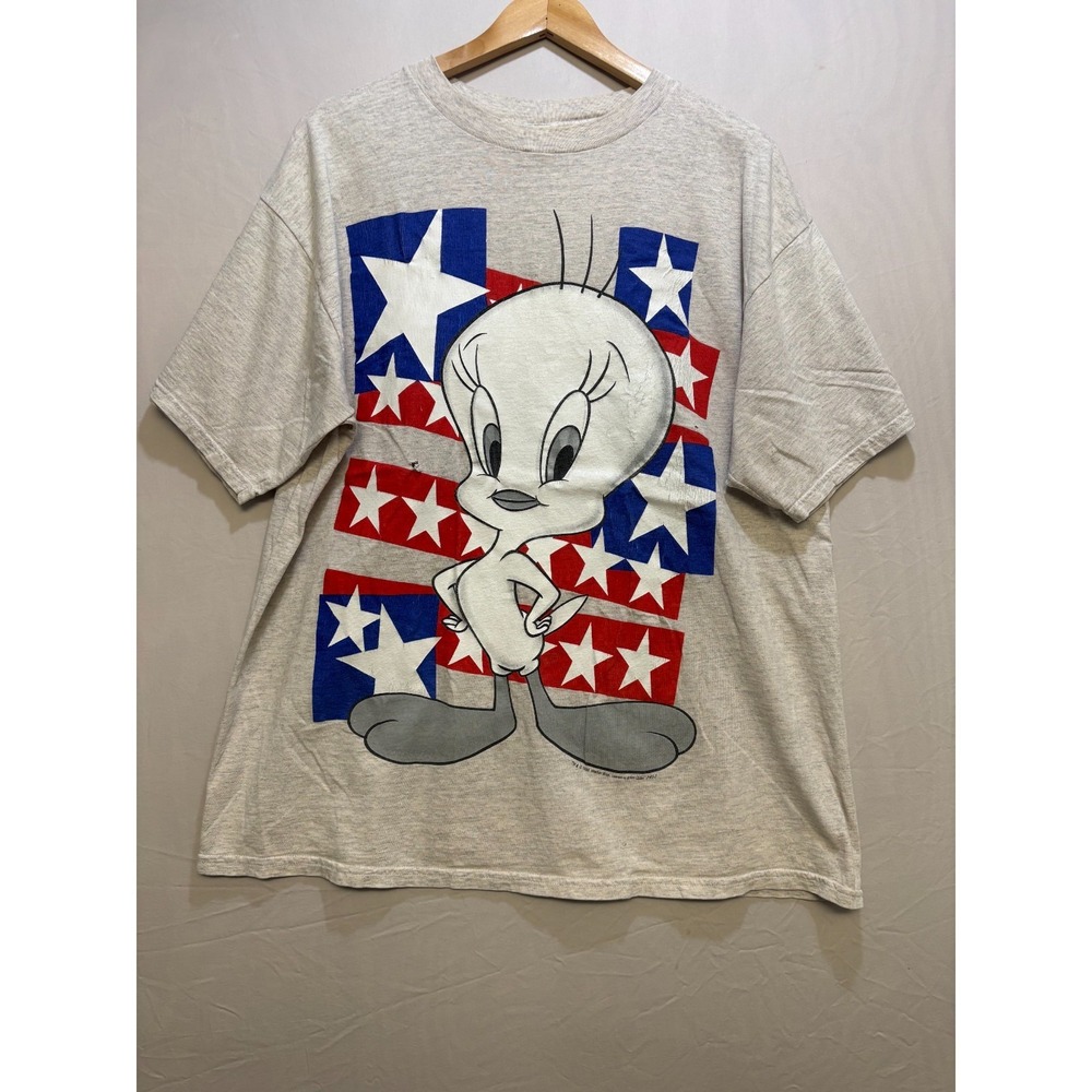 Tultex Looney Tunes T-Shirt Mens Gray Graphic Short Sleeve Crew Neck XL Vintage